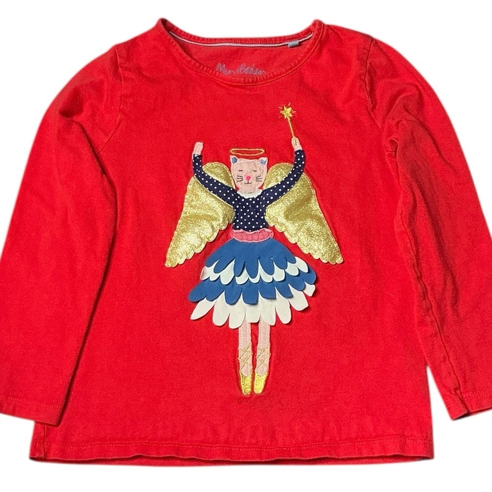 Mini Boden Red Cat Angel Appliqué Long Sleeve Tee - Picture 1 of 8